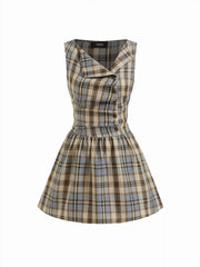 Plaid Asymmetrical Neck Ruched Tie Back Mini Dress