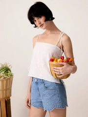 Cotton-blend Textured Embroidery Knotted Oversized Crop Blouse