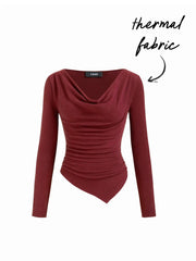 Thermal Cotton-blend Cowl Neck Ruched Asymmetrical Hem Top