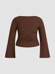 Boat Neck Solid Ruched Long Sleeve Tee Curve & Plus