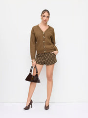Knit V-neck Belted Metal Button Detail Oversized Cardigan