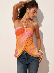 Chiffon Abstract Halter Neckline Ruched Beaded Blouse