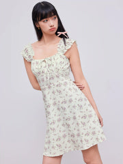 Ditsy Floral Square Neck Drawstring Ruched Mini Dress