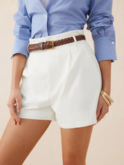 Linen-blend Mid Rise Pleated Shorts With Braided Belt Metal Detail