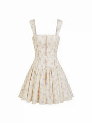 Cotton-blend Floral Square Neck Pleated Flared Mini Dress