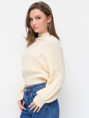 Cable Knit High Neck Lantern Sleeve Oversized Top