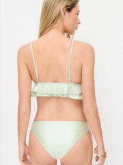 V-neck Ruffle Hem Tie Front Triangle Low Rise Cheeky Bikini Set