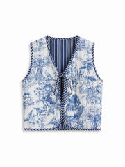 Toile de Jouy Striped Knotted Oversized Puffer Vest
