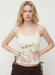 Deer Graphic Bowknot Lace Trim Cami Top