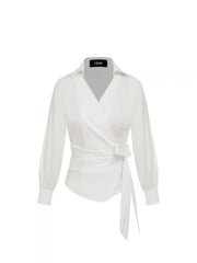 Cotton-blend Collar Long Sleeve Wrap Tie Side Shirt