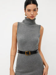 Knitted High Neck Mini Dress With Belt