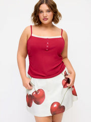 Cotton-blend Cherry Graphic Mid Rise A-line Mini Skirt Curve & Plus
