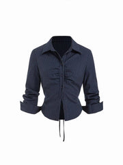 Long Sleeve Striped Ruched Front Drawstring Shirt