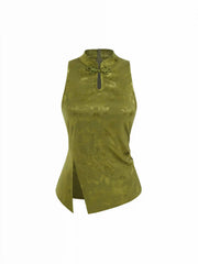 Mandarin Collar Floral Split Ruched Cut Out Tank Top