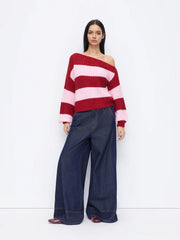 Knit Asymmetrical Neck Striped Oversized Top