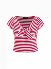 Cotton-blend V-neck Stripe Twist Short Sleeve Tee Curve & Plus