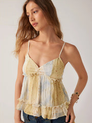 Chiffon V-Neck Abstract Floral Ruffle Crop Cami Top