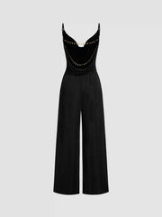 Cowl Neck Metal Chain Backlesss Ruched Wide Leg Jumpsuit