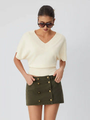 Knit Wool-blend V-neck Batwing Sleeve Short Sleeve Top