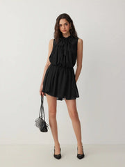 Chiffon Stand Collar Drawstring Ruffled A-line Mini Dress With Scarf