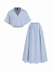 Cotton-blend V-Neck Short Sleeve Top & Mid Rise Flared Maxi Skirt Set