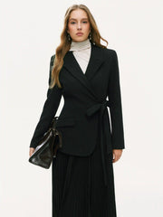 Notched Collar Tie Pleated Blazer Maxi Dress