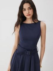 Pleated Belted Sleeveless A-line Mini Dress