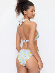 Halter Neckline Lemon Striped Lettuce Trim Low Rise Bikini Set