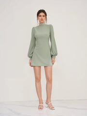High Neck Ruffle Puff Sleeve Mini Dress