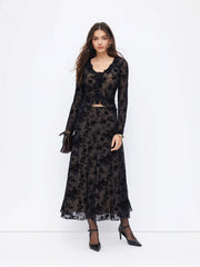 Mesh V-neck Floral Ruffle Hem Knotted Top & Mid Rise Maxi Skirt Set