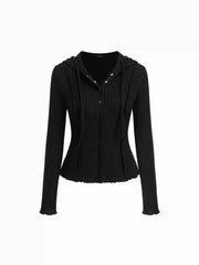 Knit Hooded Drawstring Cinched Waist Long Sleeve Top