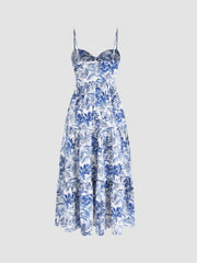 V-neck Landscape Painting Cut Out Knotted Cami Midi Dress