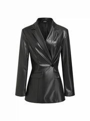 Faux Leather Collar Side Button Cinched Waist Blazer