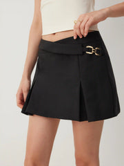 Low Rise Asymmetrical Metal Detail Pleated A-line Mini Skirt