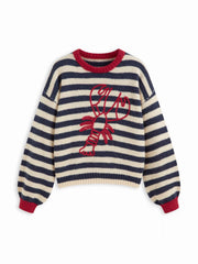 Knit Stripe Lobster Graphic Long Sleeve Contrasting Binding Oversized Sweater