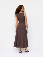 Boat Neck Ruched Flared Maxi Dress