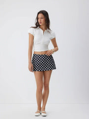 Cotton-blend Polo Neck Puff Sleeve Drawstring Top
