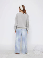 Cotton-blend Croissant Graphic Top & Striped Mid Rise Drawstring Wide Leg Trousers Loungewear Set