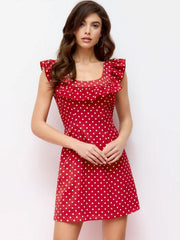 Polka Dot U-neckline Ruffled A-line Mini Dress
