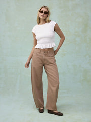 Cotton-blend Shirred Ruffle Hem Cropped Tee