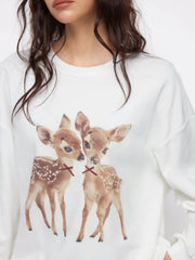 Cotton-blend Deer Graphic Bowknot Oversized Sweatshirt