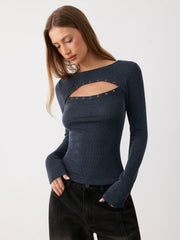 Textured Round Neck Long Sleeve Striped Cut Out Top