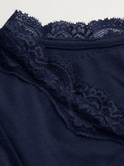 V-neck Solid Lace Trim Ruched Short Sleeve Tee