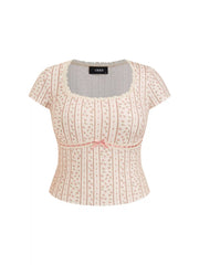 Ditsy Floral Bowknot Lace Trim Short Sleeve Top Curve & Plus