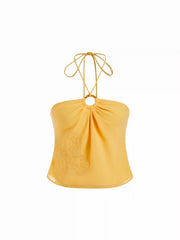 Chiffon Halter Neckline Flower Applique O-Ring Ruched Blouse