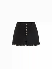 Washed Denim High Rise Fringe Hem Shorts