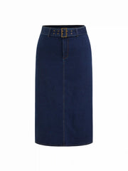 Stretch Denim Mid Rise Split Back Maxi Skirt With Belt Curve & Plus
