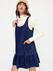 Denim Heart Applique Ruffle Hem Oversized Mini Pinafore Dress