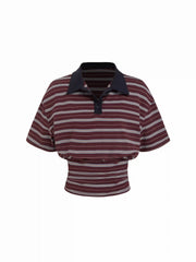 Cotton-blend Striped Polo Neck Short Sleeve Ruched Tee