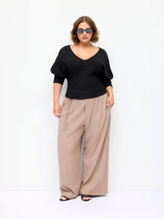 Cotton-blend V-neck Middle Lantern Sleeve Top Curve & Plus